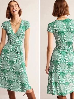 Boden Joanna Wrap Dress Gardenia Swirl Green White Cap Sleeve Size 8 NWOT
